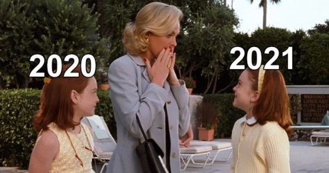 Scene from The Parent Trap turned into a meme showing how we forgot about 2020 and were excited for 2021