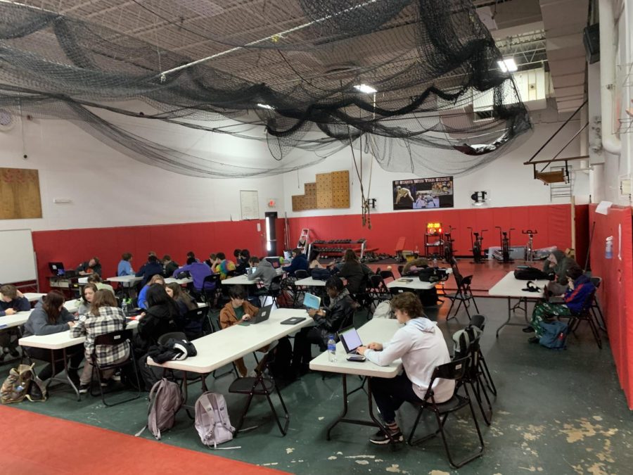 A temporary classroom is set up in the auxiliary gym.